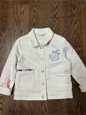 Vineyard Vines White Kids Anchor Jean Jacket with Coral & Navy Accents
